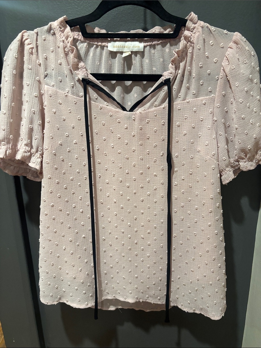 Ruffle Neck Swiss Dot Blouse in Blush with Tie Detail